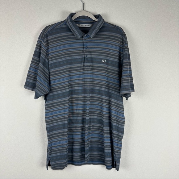 Travis Mathew Blue Gray Black Stripe Short Sleeve Polo Shirt Size XL - Picture 1 of 7